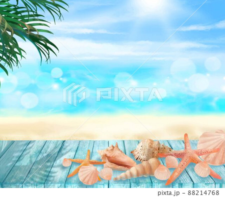夏の太陽のと青い空の下ウッドデッキの上にヒトデや貝殻とヤシの木と海のゆらめく波の美しいフレーム素材 88214768