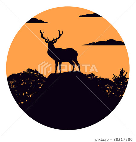 Deer with antlers posing on the top of the hill with mountains and the forest in background. Silhouette illustration. EPS 88217280