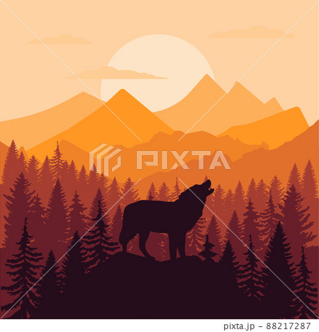 Vector illustration of a howling wolf standing on the hill with a panoramic view of mountains, forest and beautiful sunset. EPS Vector illustration of a howling wolf standing on the hill with a panoramic view of mountains, forest and beautiful sunset. EPS 88217287