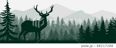 Realistic illustration of mountain landscape with coniferous forest under clear blue and green sky with white clouds. deer standing and looking into valley - vector EPS Realistic illustration of mountain landscape with coniferous forest under clear blue and green sky with white clouds. deer standing and looking into valley - vector EPS 88217288