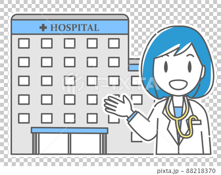 病院の建物の前で笑顔の女性医師 88218370