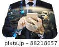 Double exposure of hand hold  smart phone with world background 88218657