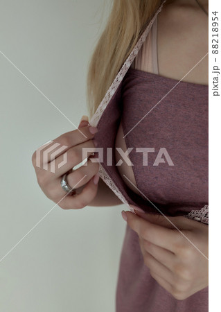 lothing design for breastfeeding. Happy pregnancy and maternity. Fashion style for young mothers. Clothes with a secret zipper for feeding the baby. lothing design for breastfeeding. Happy pregnancy and maternity. Fashion style for young mothers. Clothes with a secret zipper for feeding the baby. 88218954