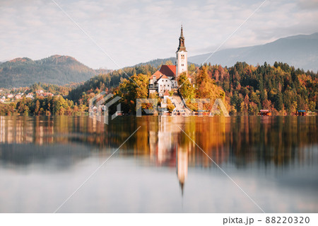 Colorful sunrise view of Bled lake in Julian Alps, Slovenia Colorful sunrise view of Bled lake in Julian Alps, Slovenia 88220320