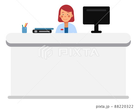 Woman sitting at medical clinic reception. Hospital front desk 88220322