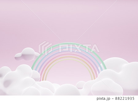 Stand and display colorful pastel clouds and rainbow in the baby room interior. 3D rendering. A scene for advertising, Minimalist mockup for podium display or showcase. 88221935