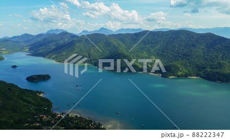 Panoramic of tropical fiord in Paraty, Rio de Janeiro, Brazil, from the Pao de Acucar peak in Saco do Mamangua 88222347