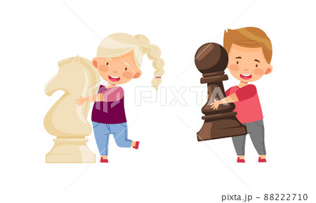 Boy and girl holding big chess pieces. Kids playing chess logic game cartoon vector illustration Boy and girl holding big chess pieces. Kids playing chess logic game cartoon vector illustration 88222710