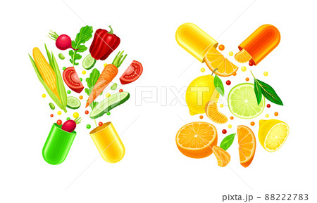 Vitamins and supplements. Open capsules with fruit and vegetables splashes vector illustration 88222783