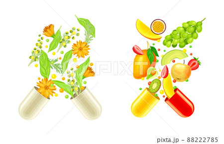 Vitamins and supplements. Open capsules with fruit, herbs and berries splashes vector illustration 88222785