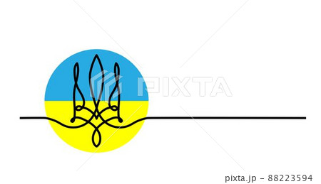Emblem of Ukraine background. Trident, coat of arms icon, round sign,pictogram. One continuous line art drawing vector background with Ukrainian trident sign Emblem of Ukraine background. Trident, coat of arms icon, round sign,pictogram. One continuous line art drawing vector background with Ukrainian trident sign 88223594