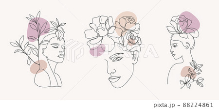 Vector set of women faces, bodies line art illustrations, logos with flowers and leaves, feminine nature concept. Use for prints, tattoos, posters, textile, logotypes, cards etc. Beautiful women faces Vector set of women faces, bodies line art illustrations, logos with flowers and leaves, feminine nature concept. Use for prints, tattoos, posters, textile, logotypes, cards etc. Beautiful women faces 88224861