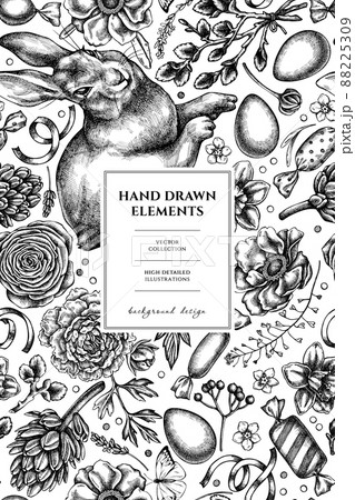 Easter pattern card design. Hand drawn rabbit, eggs, willow branches, etc. Easter pattern card design. Hand drawn rabbit, eggs, willow branches, etc. 88225309