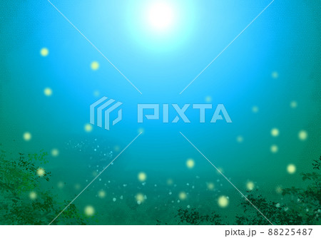 月光に浮かぶ森の中の清流と蛍の幻想的な風景・背景イラスト横位置 88225487