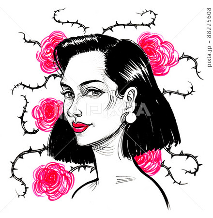 Pretty woman and red roses. Ink drawing 88225608