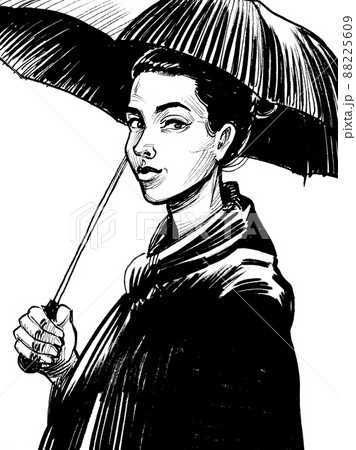 Pretty woman with umbrella. Ink black and white drawing Pretty woman with umbrella. Ink black and white drawing 88225609