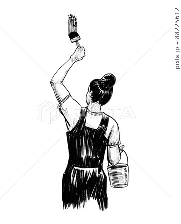 Girl painting wall with a brush. Ink black and white drawing 88225612