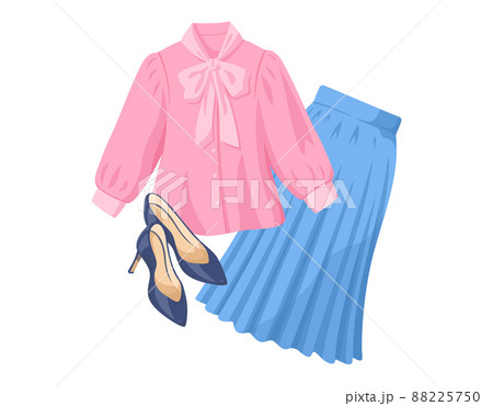 女性のファッションイラスト ピンクのブラウス 青いプリーツスカート ネイビーのハイヒール のイラスト素材 5750