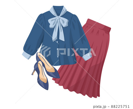 女性のファッションイラスト ネイビーのブラウス 赤いプリーツスカート ネイビーのハイヒール のイラスト素材 5751