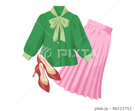 女性のファッションイラスト 緑色のブラウス ピンク色のプリーツスカート 赤いハイヒール のイラスト素材 5752