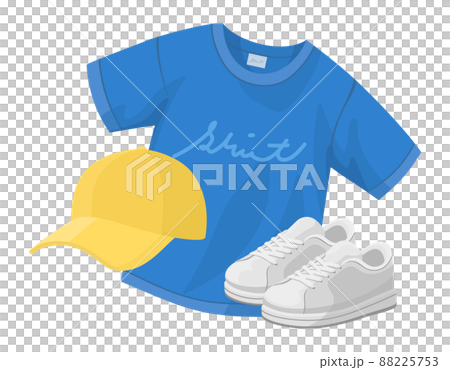 Men's, unisex fashion illustrations. Blue T-shirt and yellow hat, white sneakers. 88225753