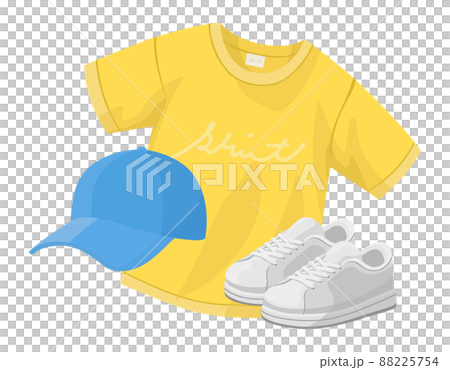 Men's, unisex fashion illustrations. Yellow T-shirt and blue hat, white sneakers. 88225754