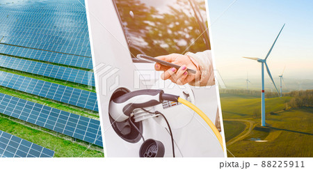 Renewable energy concept with windmills, solar panel and electric car EV, unlocked with mobile phone by woman. 88225911