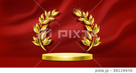 Golden award laurel wreath podium, vector winner prize background, red curtain, 3D victory stage. Golden award laurel wreath podium, vector winner prize background, red curtain, 3D victory stage. 88226656