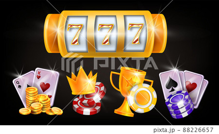 Casino icon set, golden winner cup, chips, royal victory crown, vector poker Vegas gambling logo kit 88226657