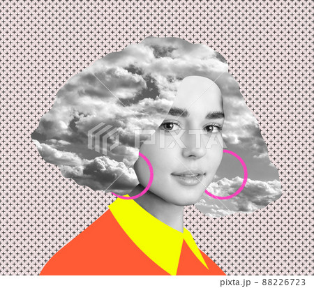Contemporary art collage. Young woman with drawn cloth elements and hair in image of clouds isolated over textured background Contemporary art collage. Young woman with drawn cloth elements and hair in image of clouds isolated over textured background 88226723