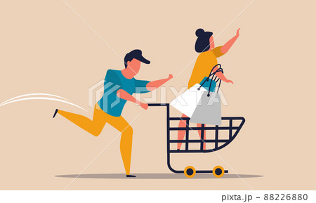 Supermarket customer and funny buy with people. Commerce trolley and paying to mall vector illustration concept. Grocery shopaholic and purchasing retail. Consumer happiness and shop together product 88226880
