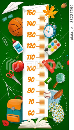 Kids height chart with school book and bag, stationery and sport items, vector growth measure ruler. Kid baby tall size measurement scale with school education copybook, ruler and watercolors Kids height chart with school book and bag, stationery and sport items, vector growth measure ruler. Kid baby tall size measurement scale with school education copybook, ruler and watercolors 88227590