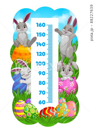 Kids height chart, Easter bunnies with eggs growth measure. Vector wall sticker meter for children height measurement with cute cartoon rabbits characters on green field with green grass and scale Kids height chart, Easter bunnies with eggs growth measure. Vector wall sticker meter for children height measurement with cute cartoon rabbits characters on green field with green grass and scale 88227639