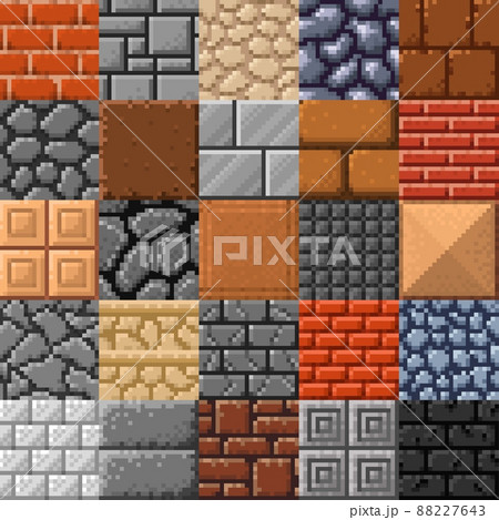 Tile, stone brick or porcelain stoneware and marble roof tiles, vector retro 8bit pixel art. Game surface pattern background of 8 bit pixel cubic brickwork, rock gravel or concrete wall blocks Tile, stone brick or porcelain stoneware and marble roof tiles, vector retro 8bit pixel art. Game surface pattern background of 8 bit pixel cubic brickwork, rock gravel or concrete wall blocks 88227643