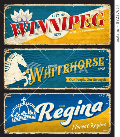 Winnipeg, Whitehorse and Regina canadian cities plates, travel stickers. Canada journey souvenir sticker or grunge vector banner. North America city vintage tin signs, stickers or plates with flags 88227657