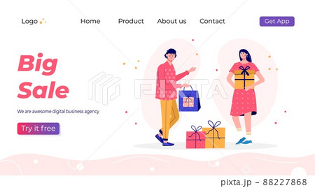 Big sale landing page template. Promotion of online shop bonus or reward. Modern flat vector illustration for advertisement. Seasonal discount website sale banner with people 88227868