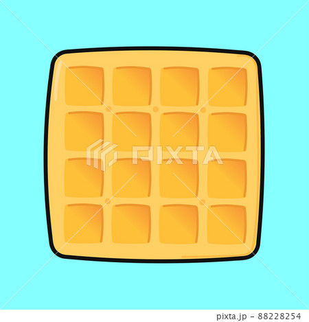 Cute funny waffles waving hand character. Vector hand drawn cartoon kawaii character illustration icon. Isolated on blue background. Happy waffles character concept 88228254