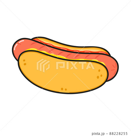 Cute funny hot dog character. Vector hand drawn cartoon kawaii character illustration icon. Isolated on white background. Happy hot dog character concept 88228255