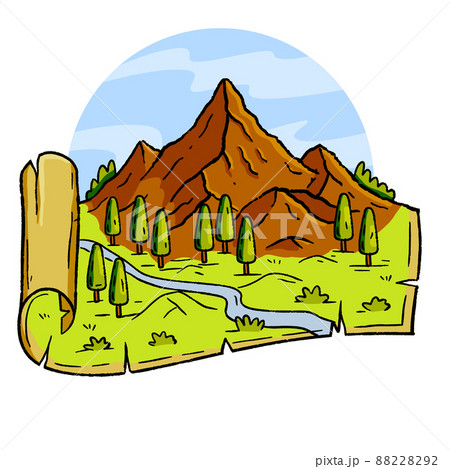 Mountains in engraving style. Landscape on map. Rocky peak and nature. 88228292