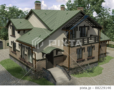 3d render of an architectural project of a country house in the forest. Country house with a green roof 88229146