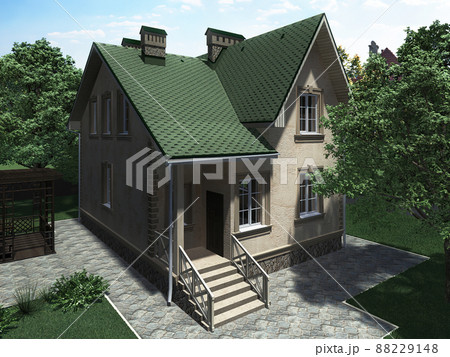3d render of an architectural project of a country house in the forest. Country house with a green roof 3d render of an architectural project of a country house in the forest. Country house with a green roof 88229148