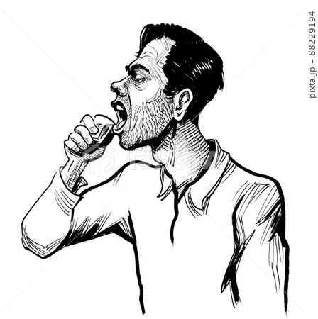 Man drinking a shot of whiskey. Ink black and white drawing 88229194