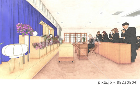 葬式　葬儀場　人あり お焼香  CG イラスト 88230804