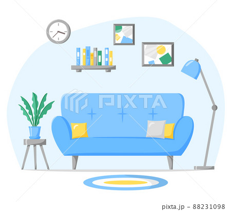 Living room in flat style, home interior with sofa, lamp, house plant in pot, book on shelf. Vector 88231098