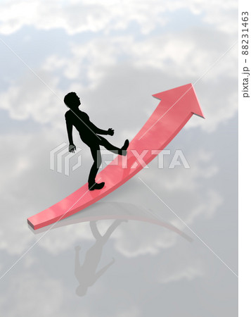 向上心や成績アップをイメージする上向きの矢印を進むスーツ姿の男性シルエット縦 88231463