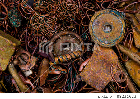 A pile of copper scrap for recycling. Copper is mainly heat pipes and heat exchangers from laptop cooling systems. 88231623