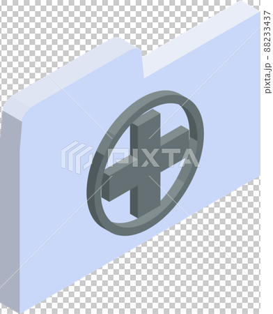 十字マークのついたアイソメトリックのカルテファイルアイコンのイラスト. 88233437