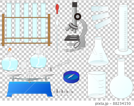 理科実験用具イラスト　顕微鏡　フラスコ　アルコールランプ　上皿天秤　ピペット　ビーカー　プレパラート 88234150