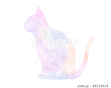 猫のシルエット綺麗な虹色の横向きお座りイラストのイラスト素材 4628