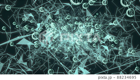 Image of green network of connections with icons over black background 88234695